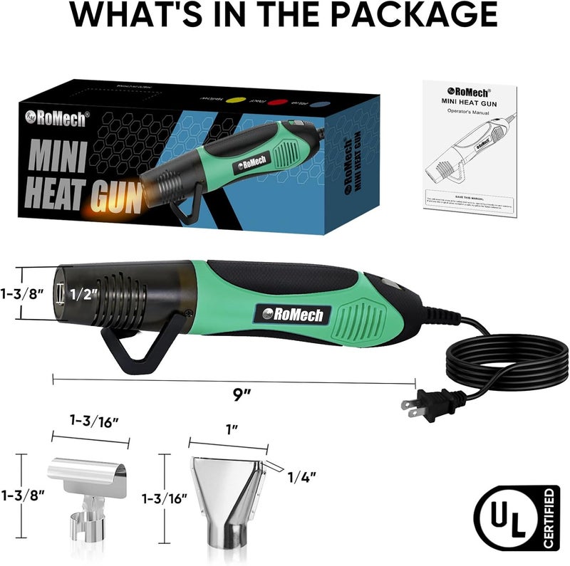 ROMECH 350W Heat Gun with 2 Nozzles, Dual Temp Heat Gun 400°F-660°F, Fast Heat Hot Air Gun with Overload Protection for DIY Craft Embossing Shrink Wrapping (Green) - Image 4